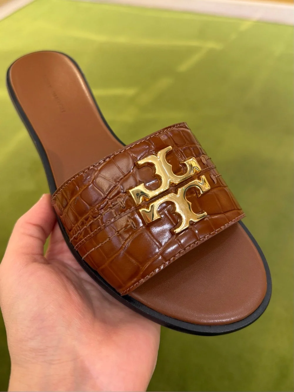 Tory Burch Everly Slide Sandals Warm Amber Croc Embossed Leather Size 10